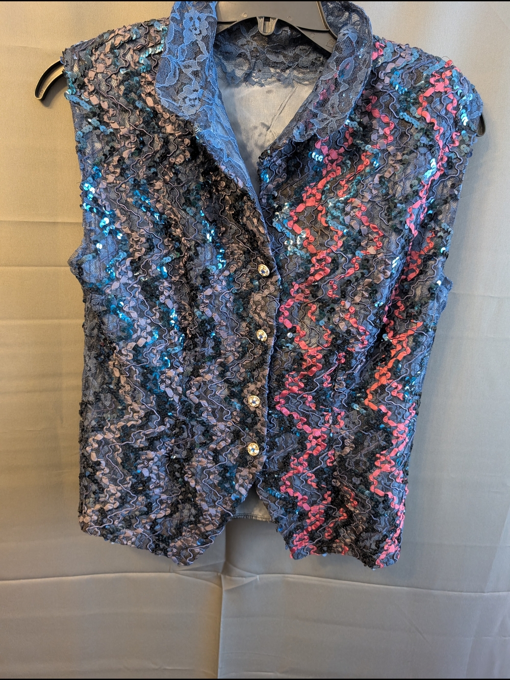 Vintage Sequin Party Vest Sleeveless Top Neon Pink Blue ZigZag Lace